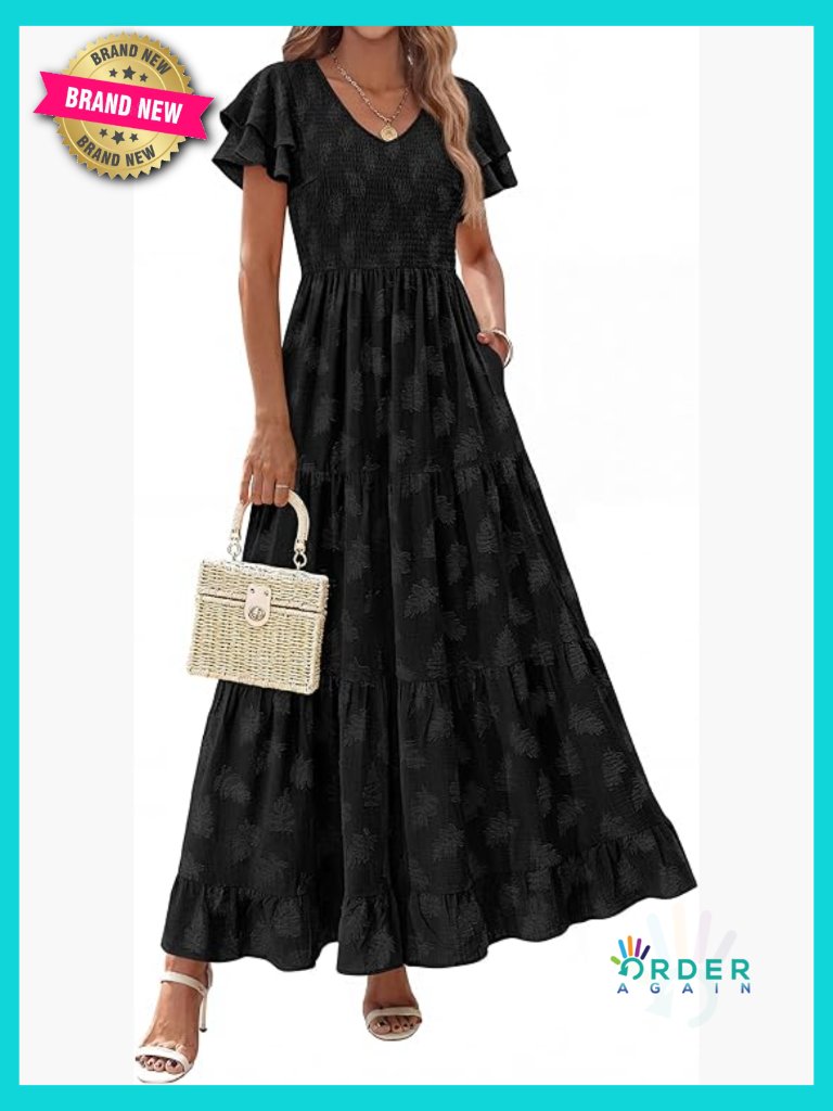 Maxi Dress With Ruffle Sleeves V Neck Smocked A-Line Floral Boho Tiered Sundress